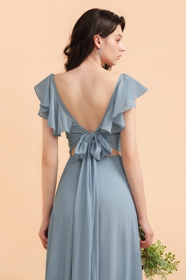 Fashion Dusty Blue Chiffon Sweetheart Slit Bridesmaid Dress with Ruffles Online_8