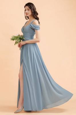 Sexy Cold-Shoulder Dusty Blue Chiffon Bridesmaid Dress with Slit On Sale_7
