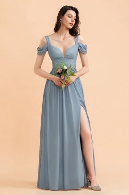 Sexy Cold-Shoulder Dusty Blue Chiffon Bridesmaid Dress with Slit On Sale_4