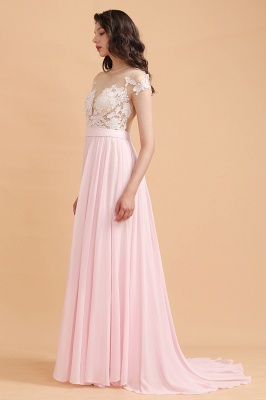Cap Sleeves Lace Appliques Bridesmaid Dress Pink Chiffon Aline Wedding Party Dress with Side Slit_5