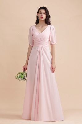 Romantic Half Sleeves Pink Chiffon Long Wedding Guest Dress_6
