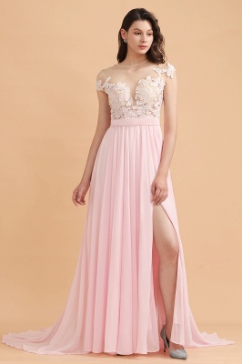 Cap Sleeves Lace Appliques Bridesmaid Dress Pink Chiffon Aline Wedding Party Dress with Side Slit_1
