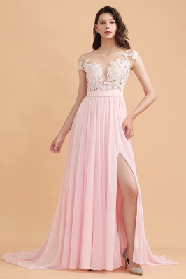 Cap Sleeves Lace Appliques Bridesmaid Dress Pink Chiffon Aline Wedding Party Dress with Side Slit_4