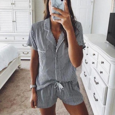 Ladies Striped Casual Cotton Button Short Sleeve Pajama Sets