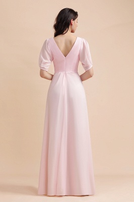 Romantic Half Sleeves Pink Chiffon Long Wedding Guest Dress_3