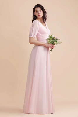 Romantic Half Sleeves Pink Chiffon Long Wedding Guest Dress_8