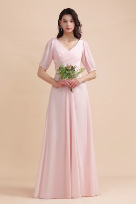 Romantic Half Sleeves Pink Chiffon Long Wedding Guest Dress_7