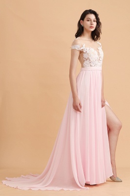 Cap Sleeves Lace Appliques Bridesmaid Dress Pink Chiffon Aline Wedding Party Dress with Side Slit_6