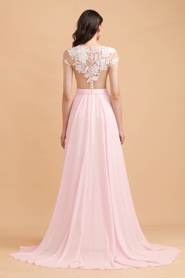 Cap Sleeves Lace Appliques Bridesmaid Dress Pink Chiffon Aline Wedding Party Dress with Side Slit_3