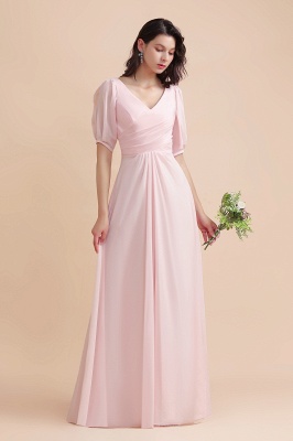 Romantic Half Sleeves Pink Chiffon Long Wedding Guest Dress_4