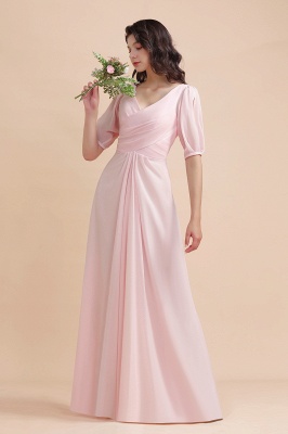 Romantic Half Sleeves Pink Chiffon Long Wedding Guest Dress_5