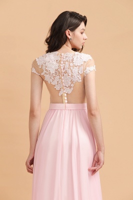 Cap Sleeves Lace Appliques Bridesmaid Dress Pink Chiffon Aline Wedding Party Dress with Side Slit_10