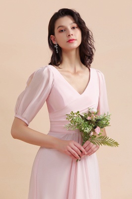 Romantic Half Sleeves Pink Chiffon Long Wedding Guest Dress_9