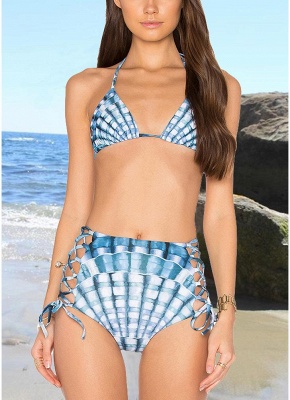 Womens Tank top Bikini Set Halter Plaid Print Padded Bandage Criss Over High Waist Hot Swimsuit_2