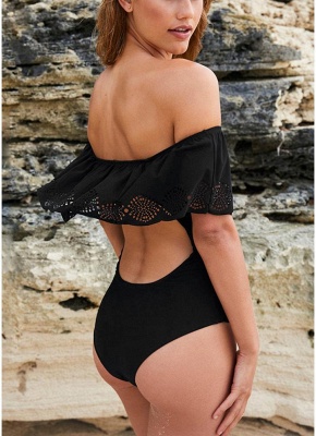 Solid Off The Shoulder Ruffle Overlay Hollow Out Push Up One Piece Swimsuit_3