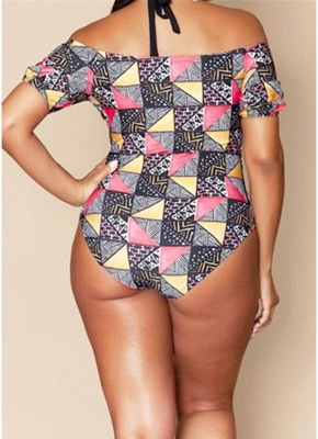 Modern Women Plus Size Swimsuit Geometric Print Halter Short One-Piece Bikini Swimwear_3