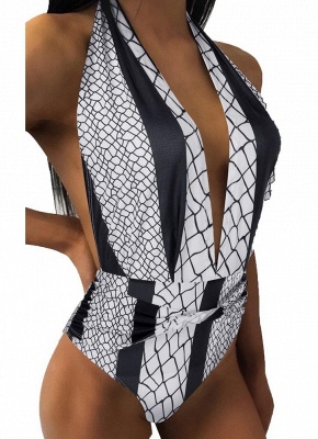 Print Halter Swimsuit Plugging V Neck Sleeveless Sexy Open Back One Piece Bathing Suit_1