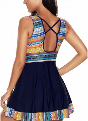 l Modern Women Plus Size Tribal Print Tankini Swimsuit Push Up Skirted Swim Dress_3