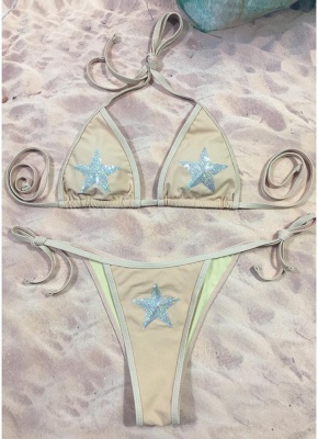 Womens Bikini Set Sequined Stars Tied Waist Padded Tank tops Swimsuit Bathing Suit_2