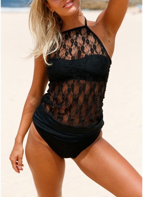 Womens One-piece Swimsuit Lace High Neck Halter Padded Bathing Suit Swimsuit_2