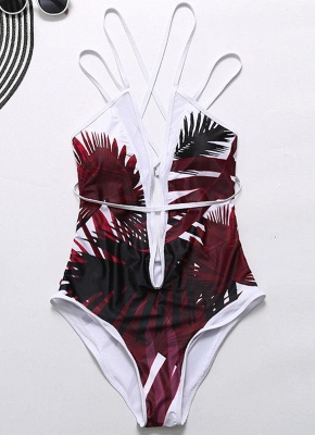 Leaves Printed Plunge V Neck Crisscross Strappy One-piece Bathing Suit UK_2