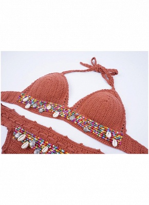 Crochet Knit Beads Halter Bodycon Bikini Set UK_8