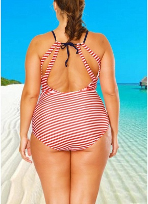 Plus Size Striped Flag Halter Hollow Out One Piece Swimsuit_5
