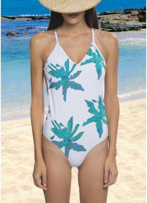 Leaf Print Bandage Sexy Open Back One Piece Swimsuit_1