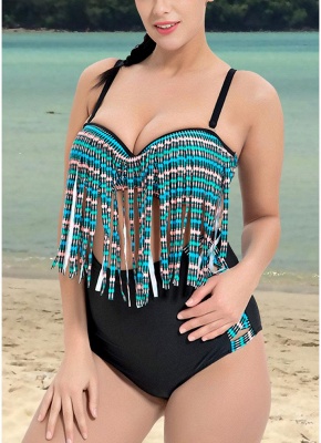 Modern Women Two Pieces Plus Size Swimsuits High Waist Fringing Front Print_1