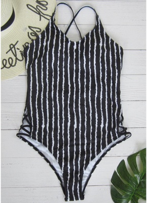Striped Print V Neck Hollow Out Waist Cross Straps Padded Women Bathing Suit UK_1