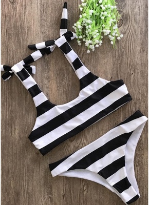 Striped Print Bow Top Bottom Bikini Set UK_4