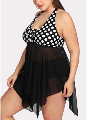 Plus Size Polka Dot Sheer Mesh Halter Neck Backless Sleeveless Swimsuit_3