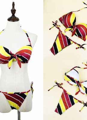 Contrast Stripe Underwire Padded Cup Tie Bikini Set UK Bathing Suit UK_3
