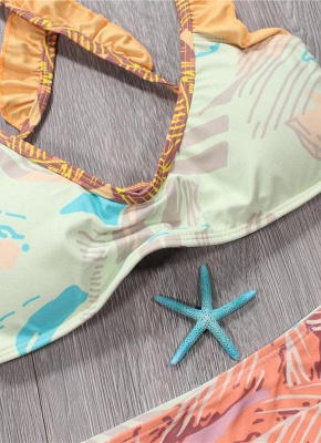 Hot Womens Bikini Set Spaghetti Strap Contrast Color Bandage Cross Lacing Padded Wireless Swimsuits Yellow_4