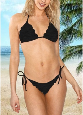 Hot Women Solid Scalloped Halter Bodycon Strappy Swimsuits UK Bikini Set UK_4