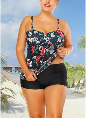 Plus Size Cami Top Boxer Triangle Floral Printed Spaghetti Strap Sleeveless Two Piece Set Swimsuit_3