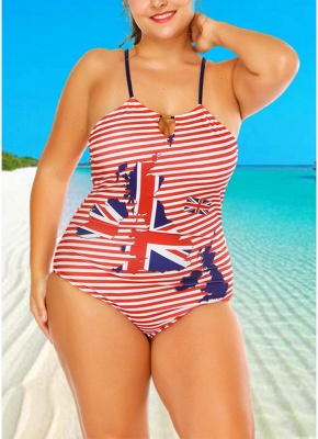 Plus Size Striped Flag Halter Hollow Out One Piece Swimsuit_3
