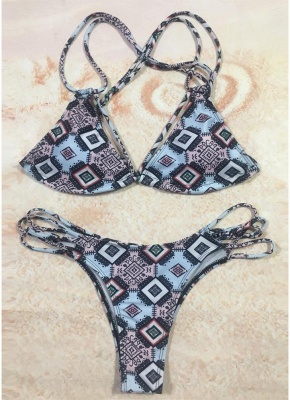 Womens Bikini Set Geometric Print Bandage Strappy Tank top Bathing Suit Swimsuit_4