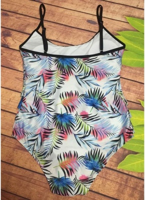 Womens One Piece Swimsuit Sexy Open Back Bathing Suit Leaf Print Ruffle Layer Swimsuit_5