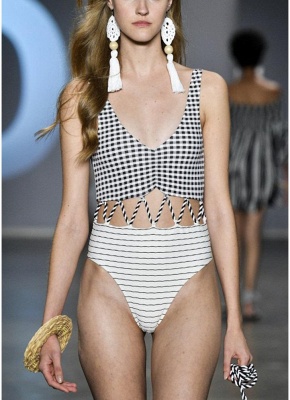 Stripe Plaid Hollow Out Bandage One Piece Swimsuit_1