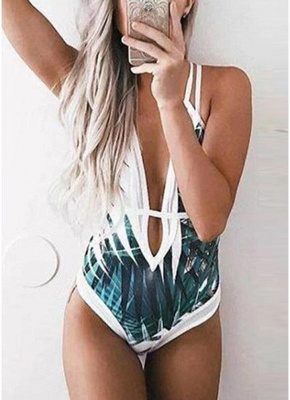 Leaves Printed Plunge V Neck Crisscross Strappy One-piece Bathing Suit UK_1