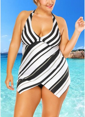 Plus Size Striped Print Asymmetrical Hem Bikini Set_3