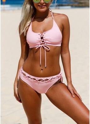 Modern Women Lace Up Halter Bikini Set Padded Bralette Swimwear Biquini Bathing Suits_1