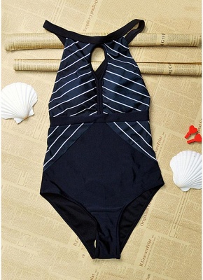 Women One Piece Swimsuit Striped High Waist Front Swimwear Playsuit Jumpsuit Rompers_4
