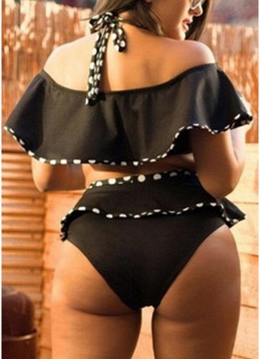 Plus Size Ruffle Off the Shoulder Halter Dot Trim Push Up Padded Bikini Set_3