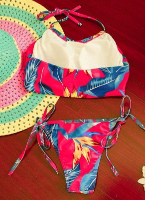 Floral Print Halter Wireless Padded Two Piece Bikini Set Swimwear_5