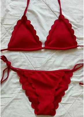 Hot Women Solid Scalloped Halter Bodycon Strappy Swimsuits UK Bikini Set UK_1