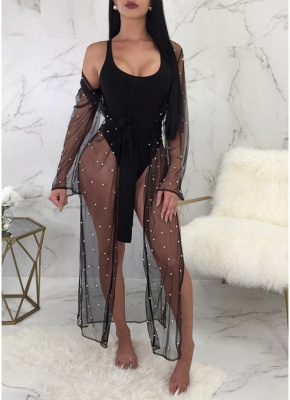 Transparent Mesh Faux Pearl Beading Sexy Open Front Long Sleeve Split Bikini UK Cover Up_1