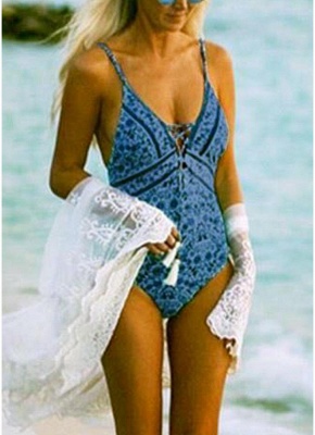Frauen Badeanzug Badeanzug Bademode Tiefem V-Ausschnitt Lace Up Badeanzug Backless Printed Beachwear Monokini_2