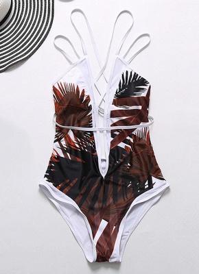 Leaves Printed Plunge V Neck Crisscross Strappy One-piece Bathing Suit UK_3